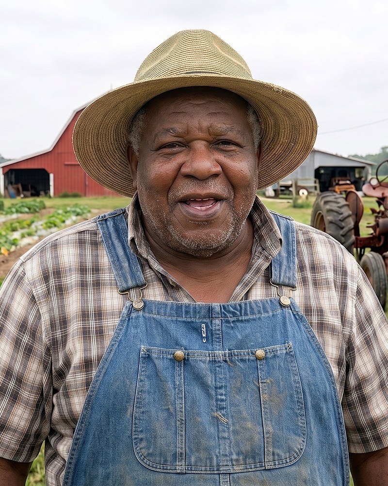 Otis Barfield standing in a field in front of a red barn